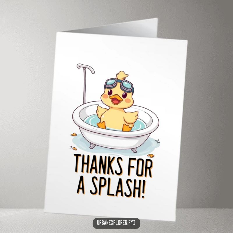 Funny Free Printable Thank You Card: Happy Kawaii duck in goggles, floating in a tub, expressing thanks with a smile.