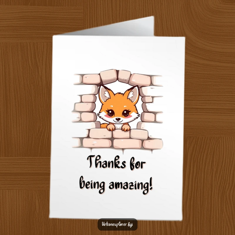 Funny Free Printable Thank You Card: A cute kawaii fox peeks from a brick wall, offering thanks.