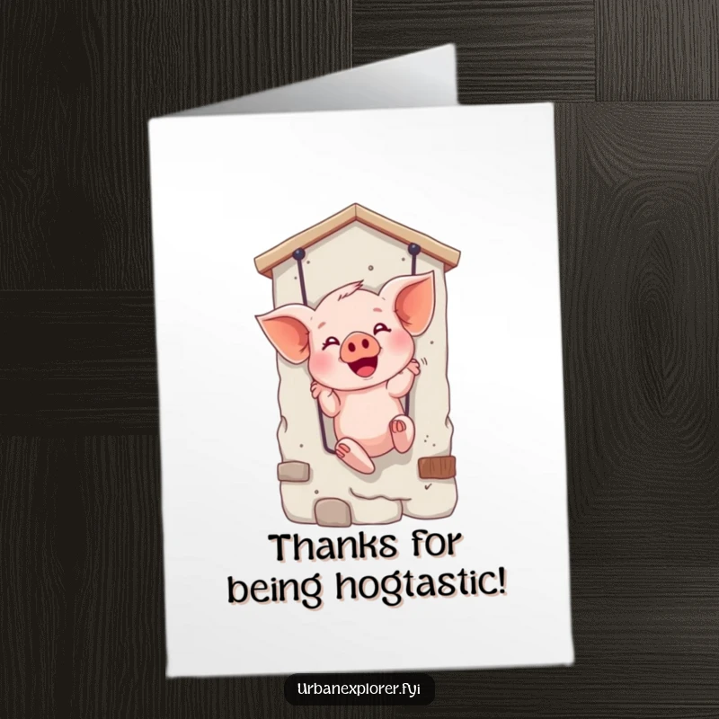 Funny Free Printable Thank You Card: Giggling piglet rappelling down a facade, expressing gratitude with humor.