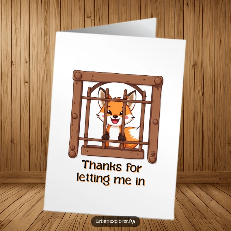 Funny Free Printable Thank You Card: A brave, smiling fox peeks through barred window, expressing thanks with charming humor. Downloadable and easy to print.