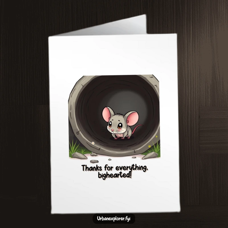 Funny Free Printable Thank You Card: A tiny mouse with curious eyes peeks out from a large pipe, saying thanks.