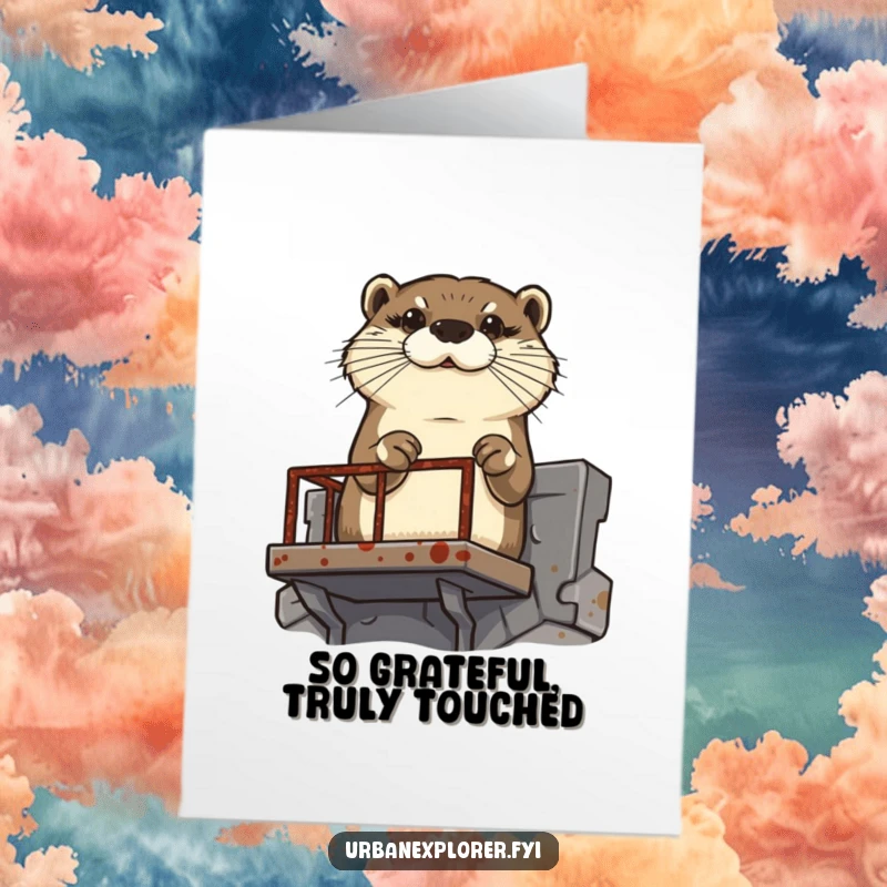 Funny Free Printable Thank You Card: Determined otter scaling a fire escape with intense focus, perfect for thanking someone's effort.