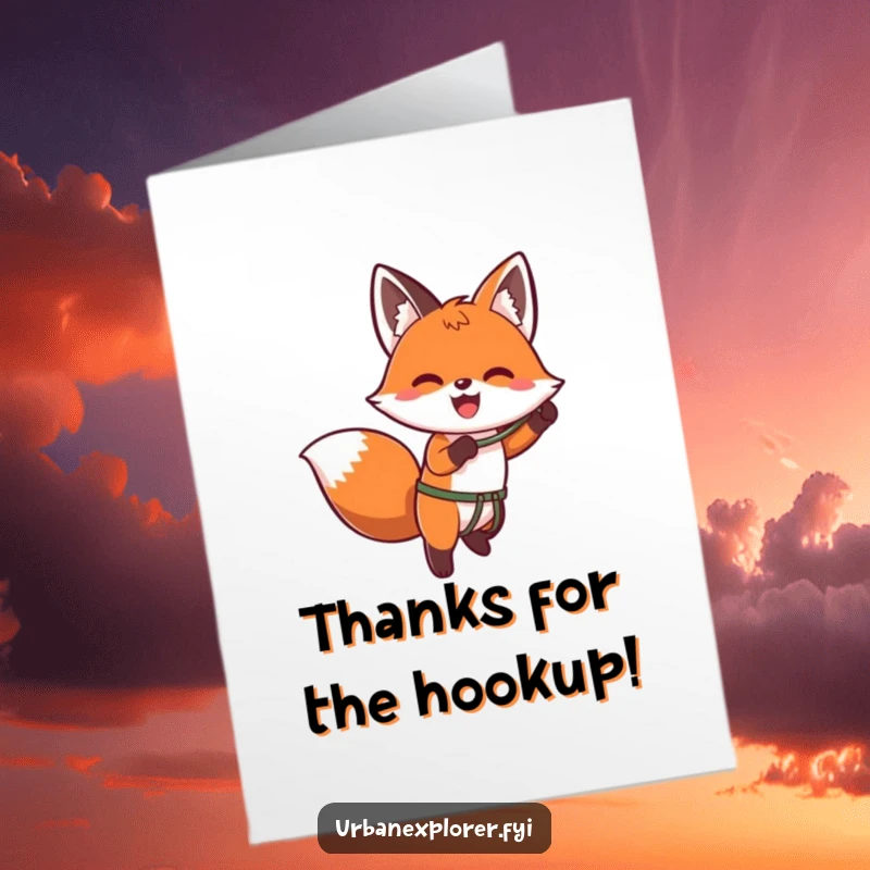Funny Free Printable Thank You Card: Kawaii fox enthusiastically using a grappling hook to ascend a wall, expressing thanks.