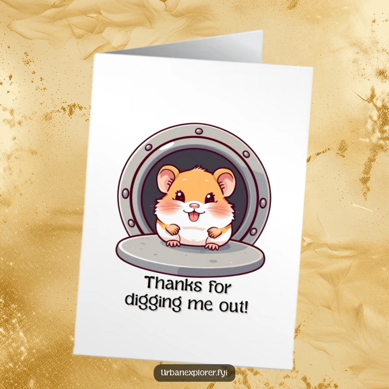 Funny Free Printable Thank You Card: A smiling hamster peeks out from under a manhole cover, offering thanks with a wink.