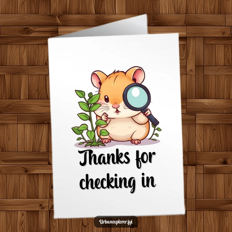 Funny Free Printable Thank You Card: A curious hamster with a magnifying glass inspects a tiny weed, showing detailed gratitude.