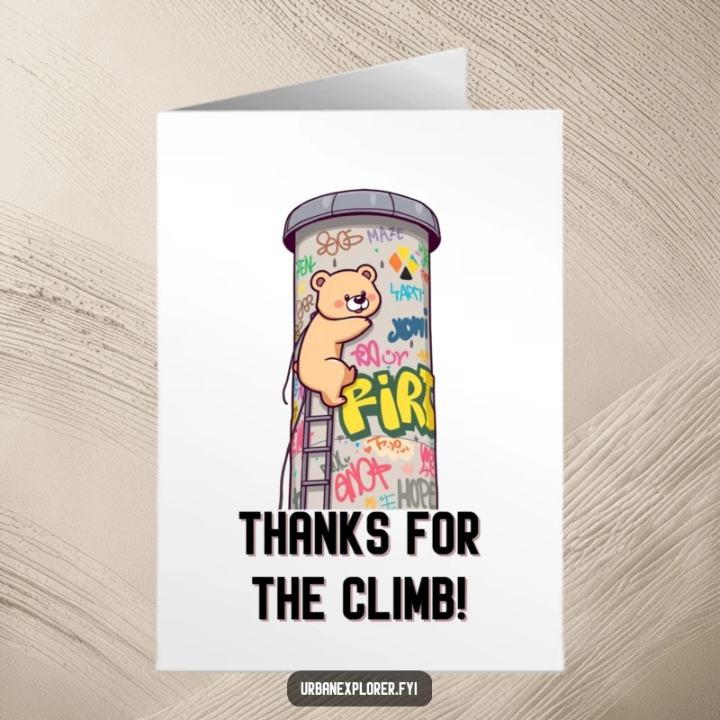 Funny Free Printable Thank You Card: Kawaii bear pauses climbing a water tower to offer a grateful expression.