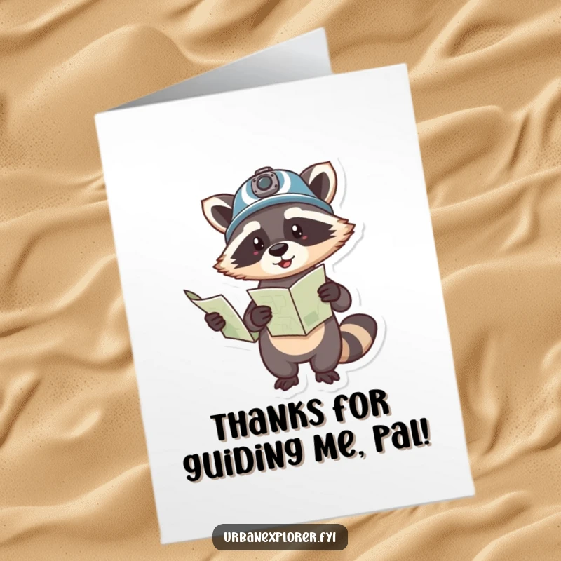 Funny Free Printable Thank You Card featuring a playful raccoon with a map, pointing the way to express thanks. Hilarious downloadable gratitude.