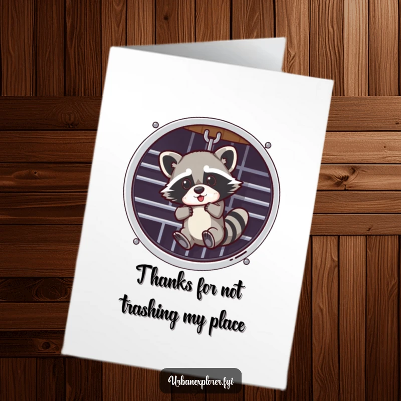 Funny Free Printable Thank You Card: Mischievous raccoon dangling, offering a quirky thank you. DIY downloadable.