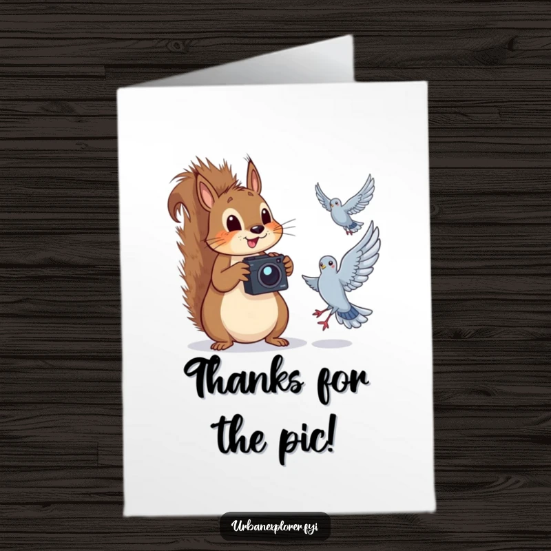 Funny Free Printable Thank You Card: Squirrel photographer charmingly captures a flying pigeon, a quirky way to say thanks.