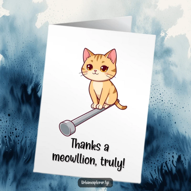 Funny Free Printable Thank You Card with a determined cat balancing on a pipe, expressing thanks. A hilarious downloadable message.