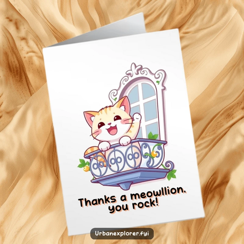 Funny Free Printable Thank You Card: Cat with a determined look rappelling down a balcony, saying thanks.