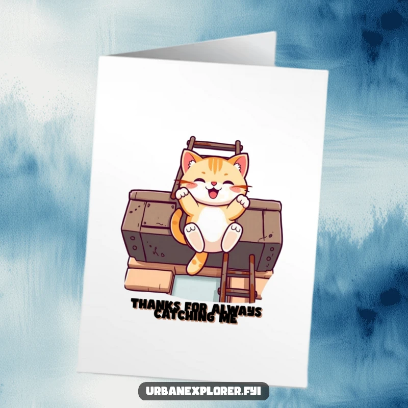 Funny Free Printable Thank You Card: A cheerful Kawaii cat swinging from a fire escape ladder, playfully expressing sincere thanks.