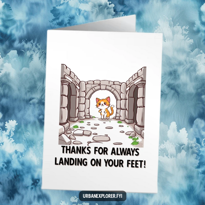 Funny Free Printable Thank You Card: Lighthearted cartoon cat adventuring through historical ruins, a charming way to say thanks.