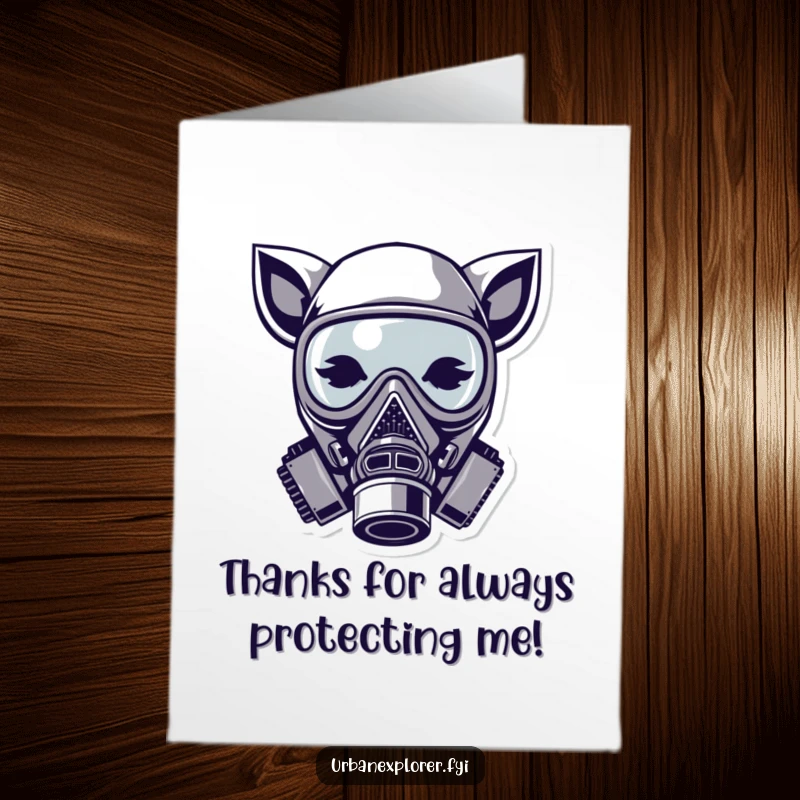 Funny Free Printable Thank You Card: A gas mask decorated with cute animal ears, conveying thanks with a quirky and memorable style.
