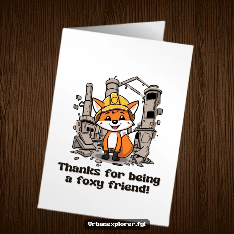 Funny Free Printable Thank You Card: Cartoon fox in hard hat conveys thanks humorously while exploring a factory, a unique appreciation.