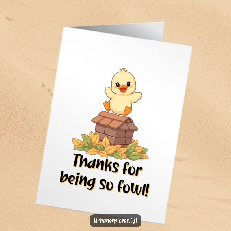 Funny Free Printable Thank You Card: Smiling duckling leaping onto leaves, expressing thanks playfully.
