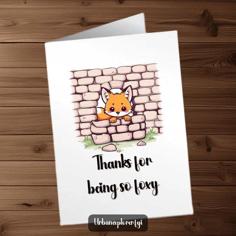 Funny Free Printable Thank You Card: A small Kawaii fox with a sweet expression peeking from behind a brick wall, conveying thanks.