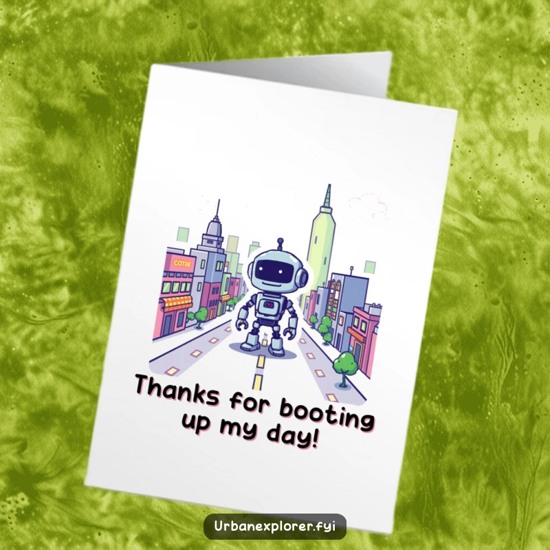 Funny Free Printable Thank You Card: A friendly, lost robot in a pixelated cityscape, sending thanks with a cute, retro-tech vibe.