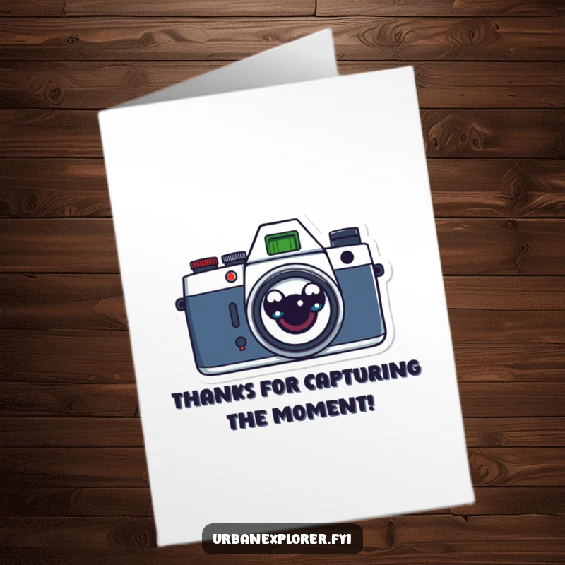 Funny free printable thank you card showing a retro camera with surprised cartoon eyes, humorously conveying gratitude.