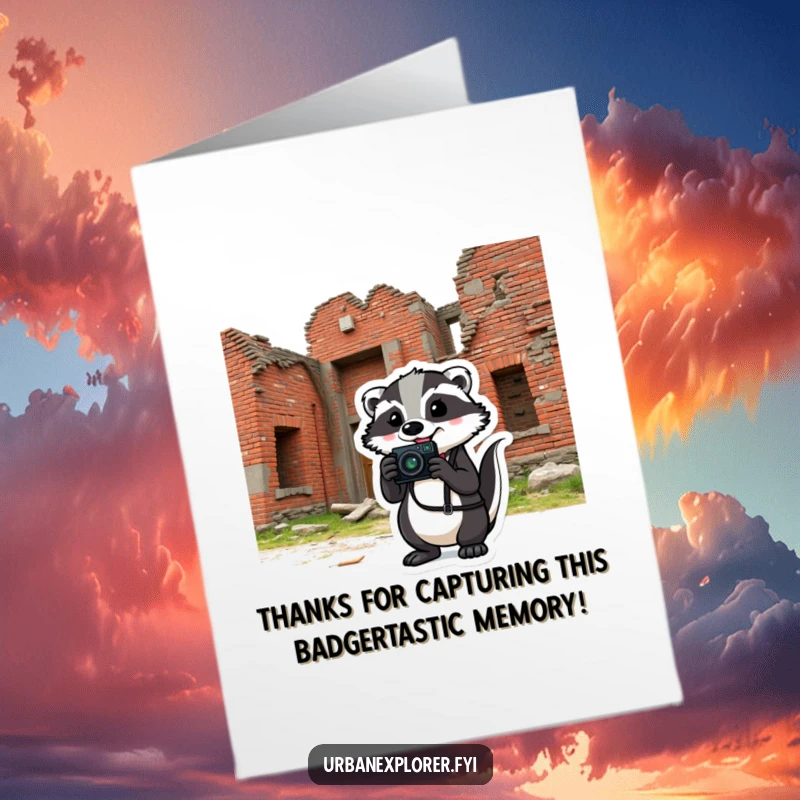 Funny Free Printable Thank You Card: Comical badger holds camera humorously, thanking someone near a crumbling brick building.