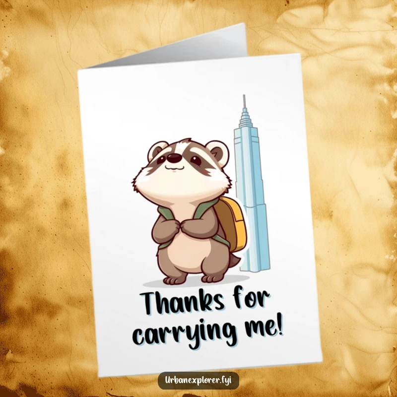 Funny Free Printable Thank You Card: Kawaii badger with a backpack, looking up at a building, offering sincere thanks.