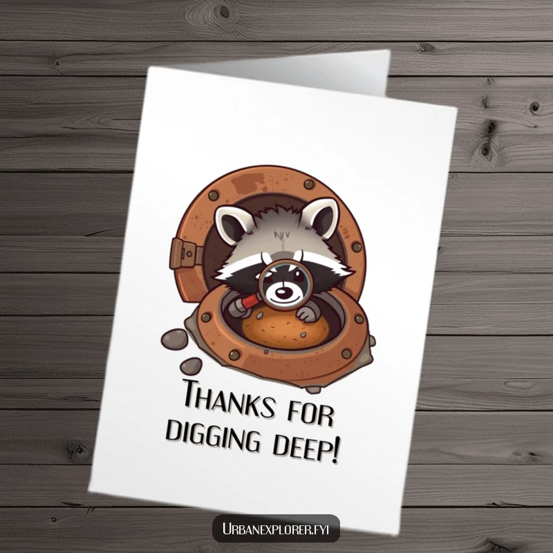 Funny Free Printable Thank You Card: Kawaii raccoon peering into a rusty manhole with a magnifying glass, expressing thanks.