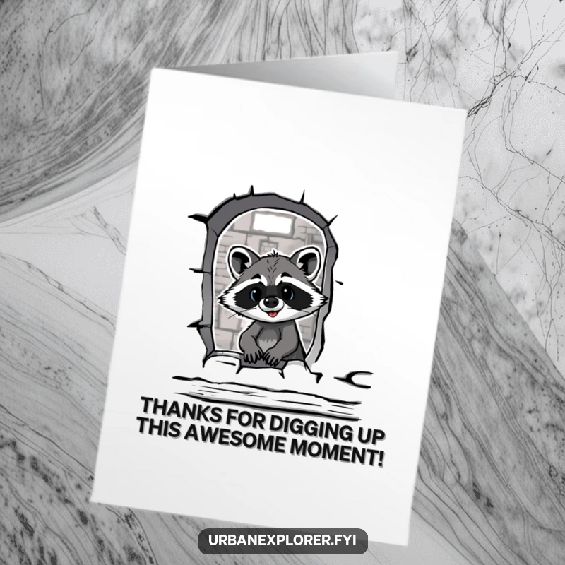 Funny Free Printable Thank You Card: Cartoon raccoon peering through warehouse window, conveying humorous gratitude, a unique thank you.