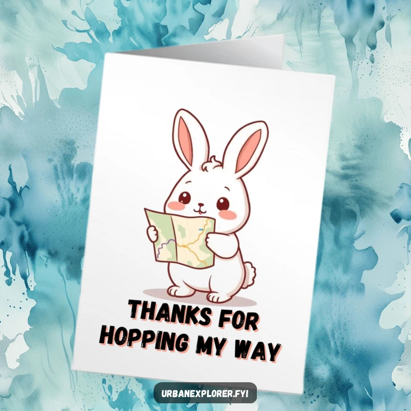 Funny Free Printable Thank You Card: A tiny Kawaii rabbit holding a map, pointing forward to show the way to express heartfelt thanks.