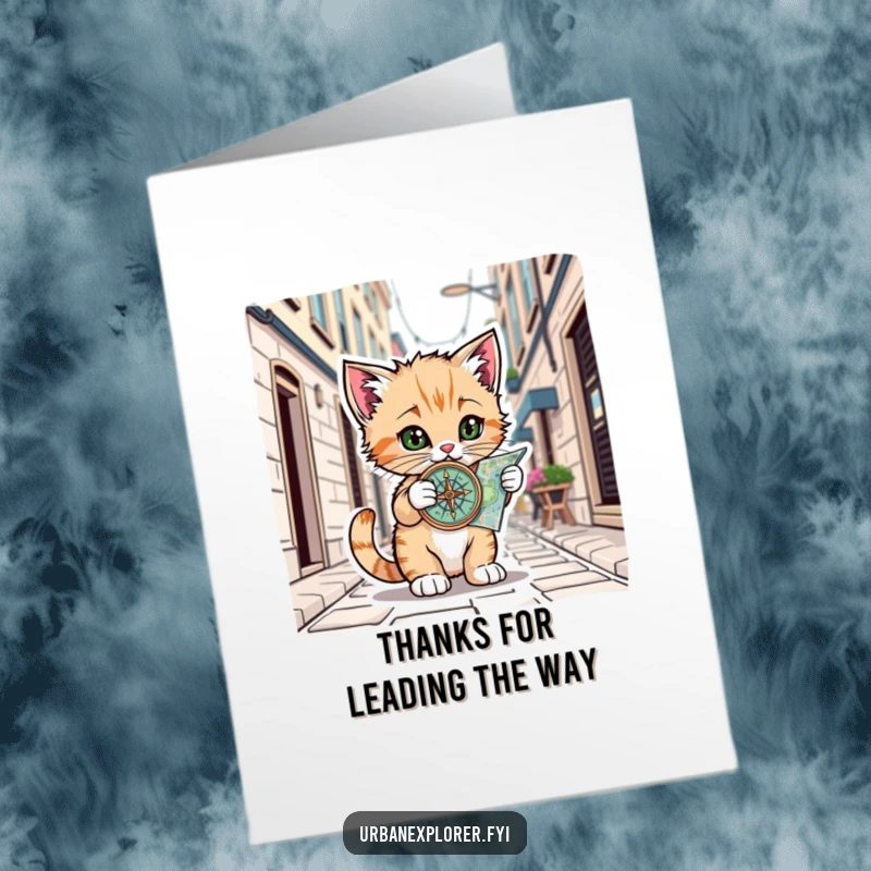 Funny Free Printable Thank You Card: A playful kitten uses a compass and map to explore an alley, showing gratitude for guidance.