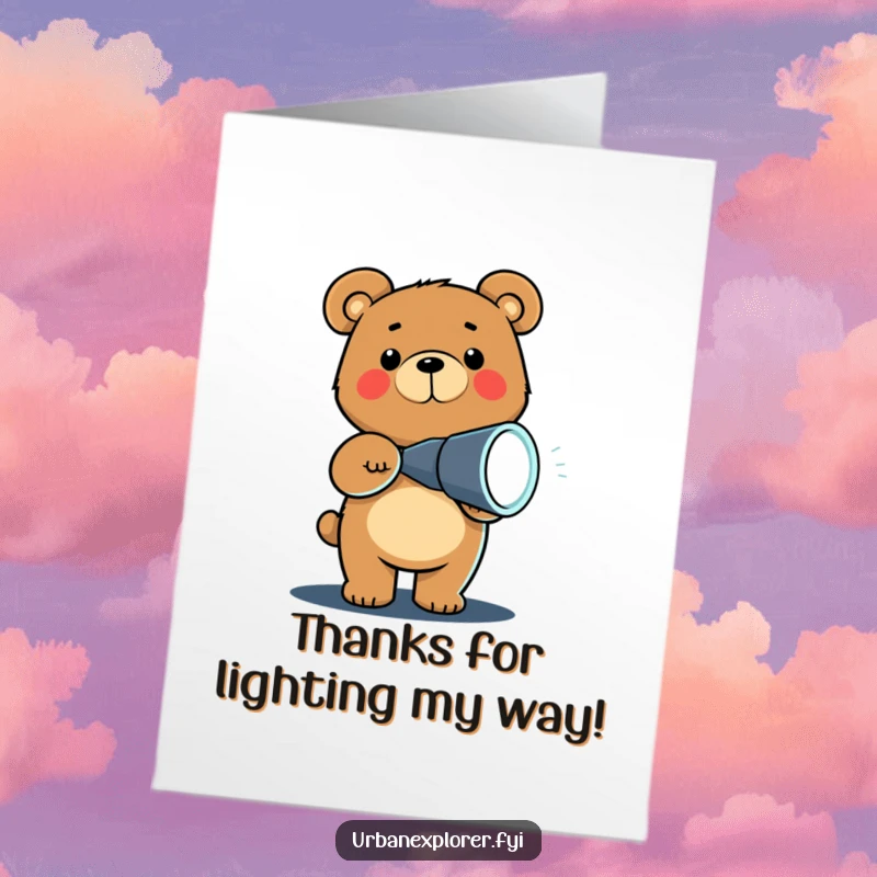 Funny free printable thank you card featuring a chibi bear with a glowing flashlight, humorously seeking reasons to express thanks.