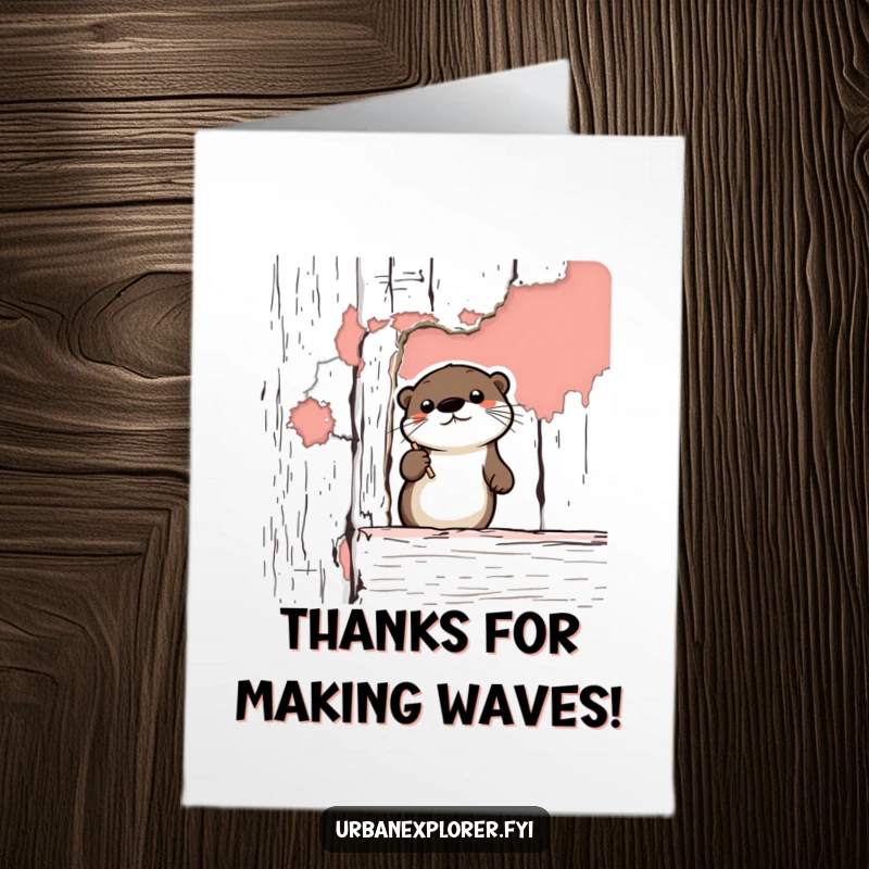 Funny Free Printable Thank You Card: A cute cartoon otter gazes at peeling paint on a vintage wall, a unique way to say thanks.