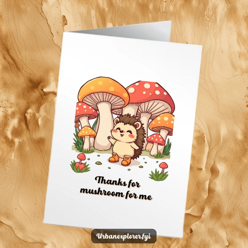Funny Free Printable Thank You Card: A happy hedgehog wearing boots explores giant colorful mushrooms, conveying thanks with woodland charm.