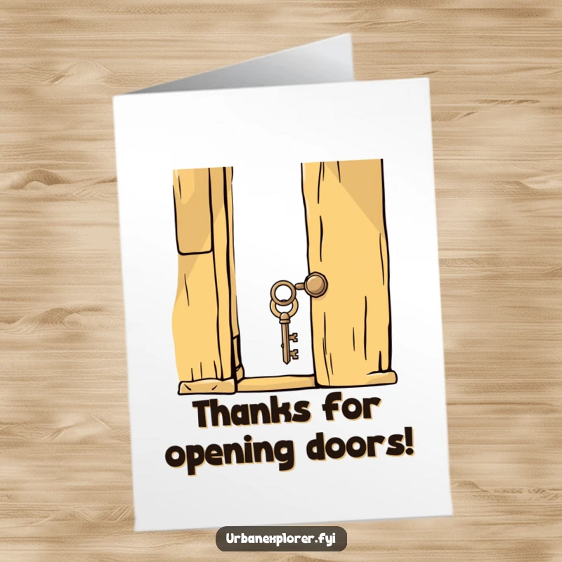 Funny free printable thank you card featuring a whimsical key about to unlock a creaky old door, expressing thanks with charm.