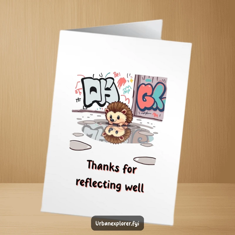 Free Printable Thank You Card: Curious hedgehog's reflection in a puddle, appreciating the moment.