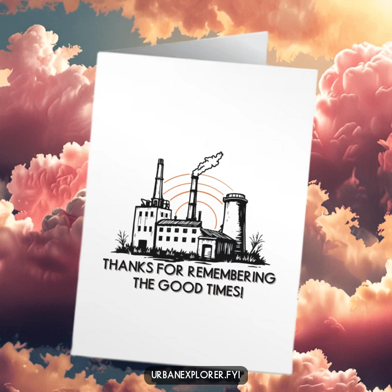 Free Printable Thank You Card: A sketchy outline of an industrial factory at sunset, perfect for sending heartfelt thanks with artistic flair.
