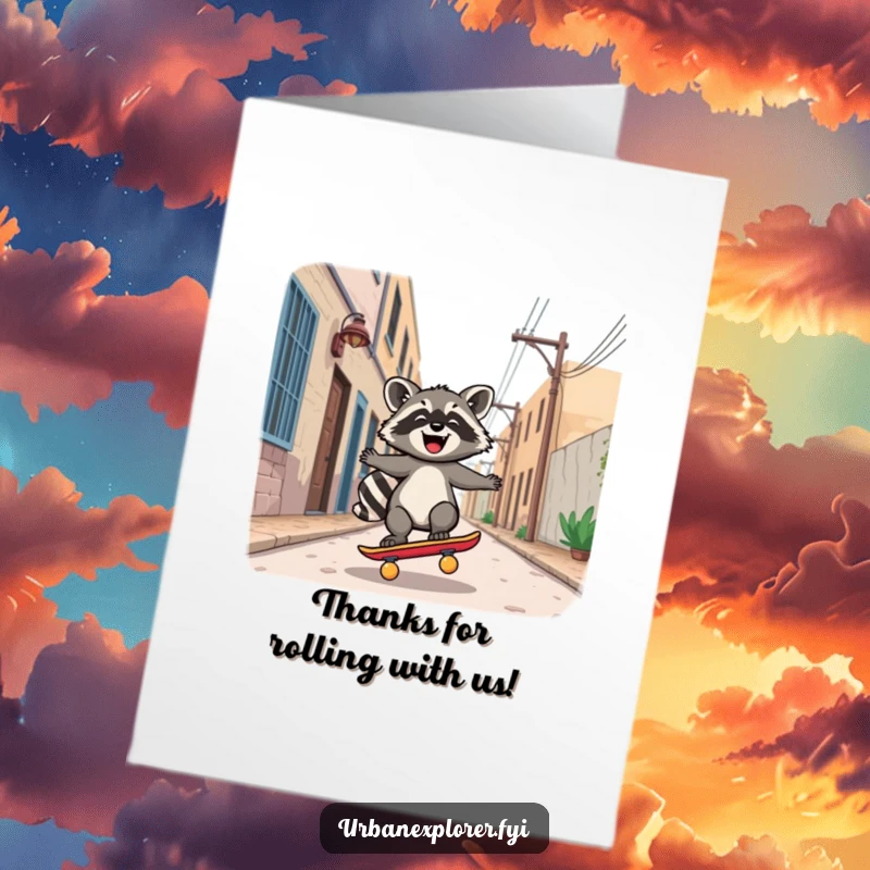 Funny free printable thank you card featuring a joyful Kawaii raccoon riding a skateboard down a deserted alley, spreading thanks.