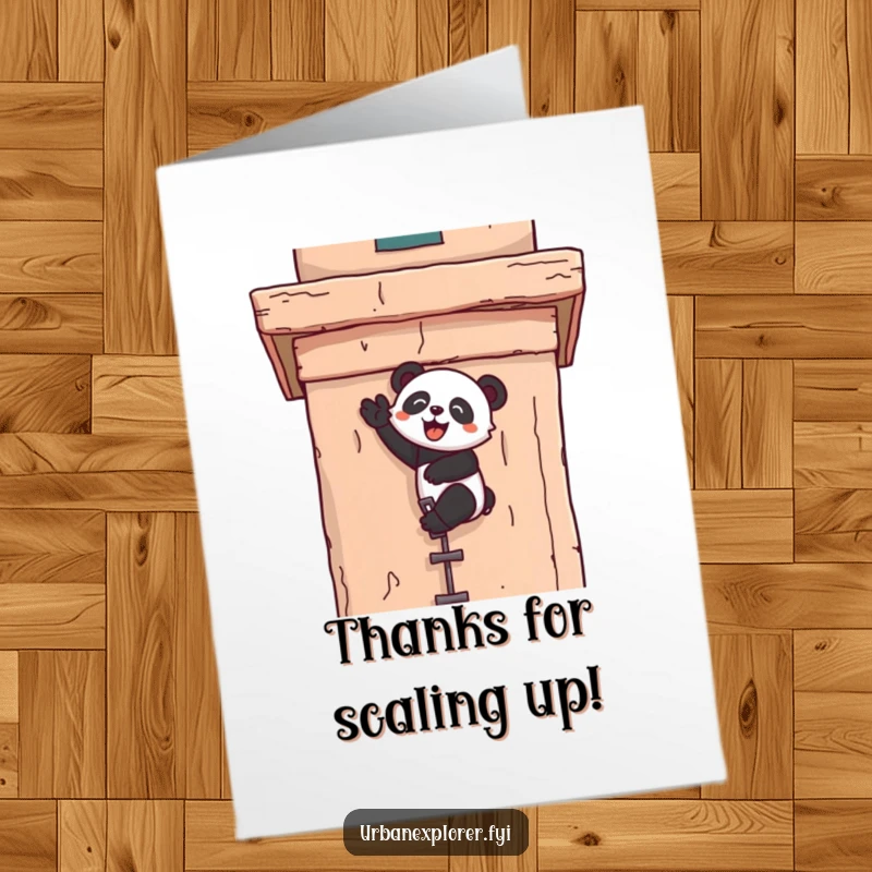 Funny Free Printable Thank You Card: Kawaii panda joyfully scaling a tall, weathered building facade, expressing thanks.