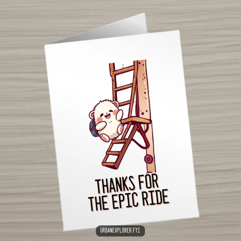 Free Printable Thank You Card: Fluffy creature with backpack sliding, expressing thanks with a smile.