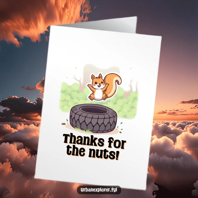 Funny Free Printable Thank You Card: A kawaii squirrel joyfully leaps over a discarded tire, expressing thanks.