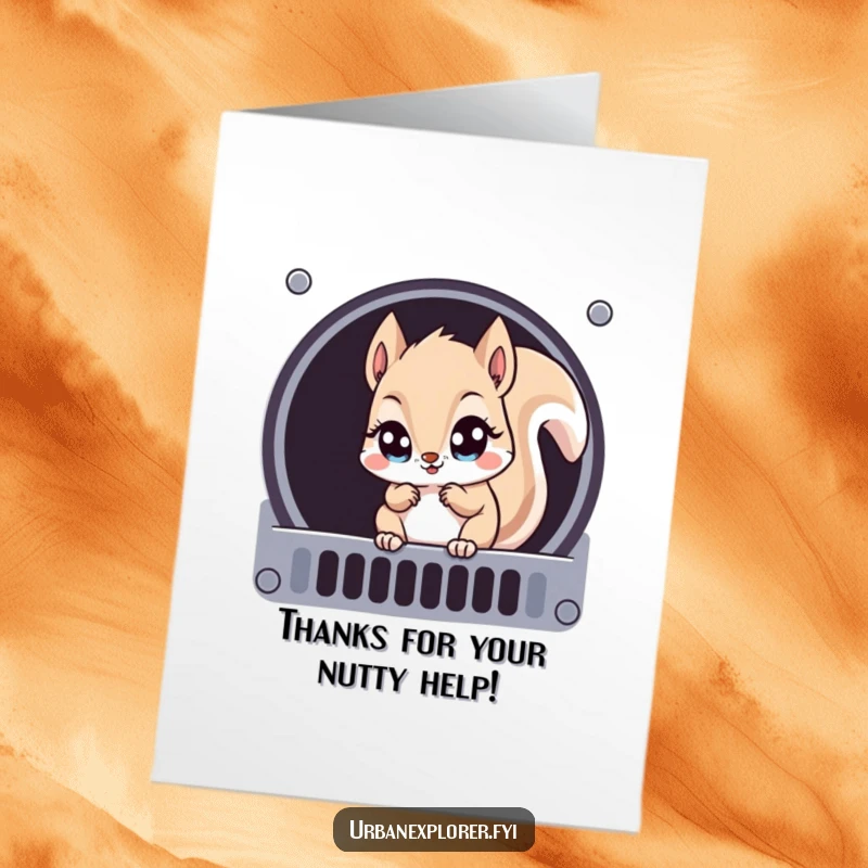 Funny Free Printable Thank You Card: Mischievous Kawaii squirrel looking through a grate, showing thanks with a cheeky grin.