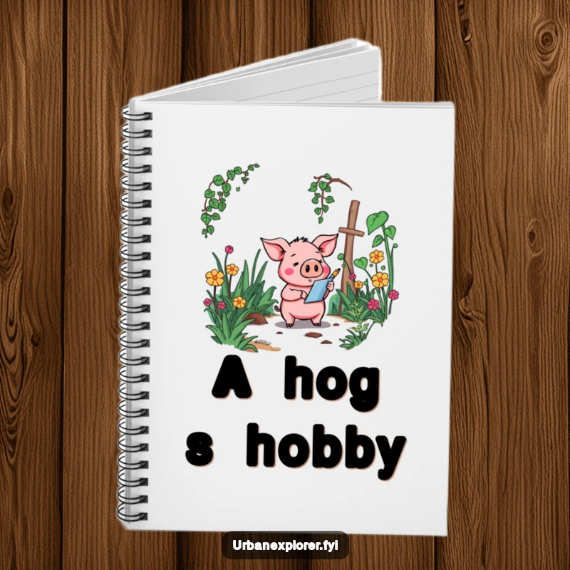Funny Pig Notebook: A goofy cartoon pig with a sketchbook, drawing an overgrown, forgotten garden, inspiring creativity.