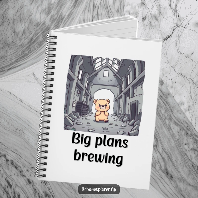 Funny brave bear investigating an abandoned warehouse, ears perked, on the cover of a notebook.