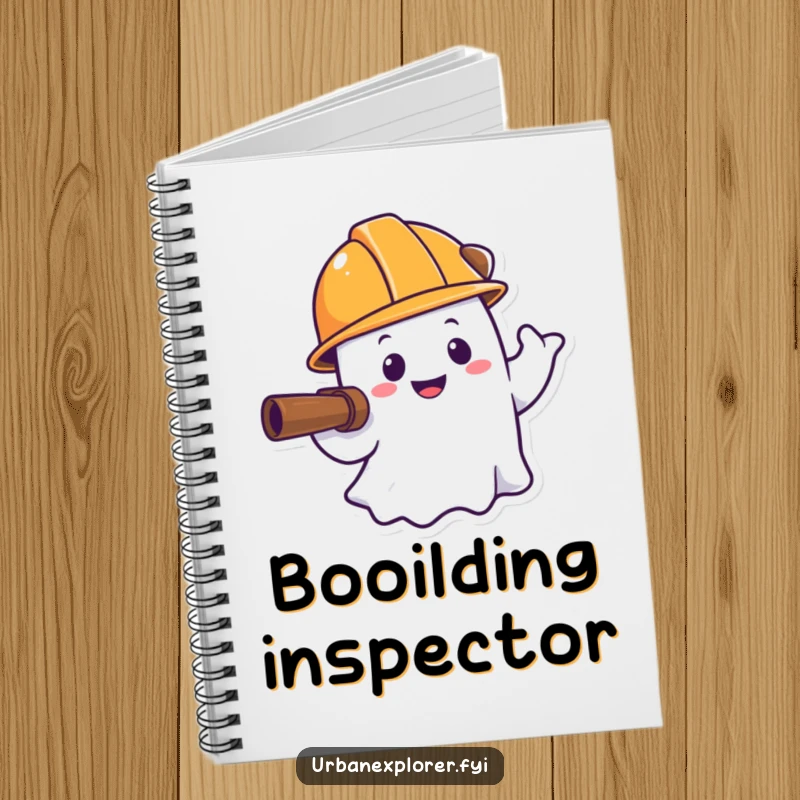 Funny ghost notebook, hard hat explorer, smiling spirit, humorous stationery, gift for creative mind.