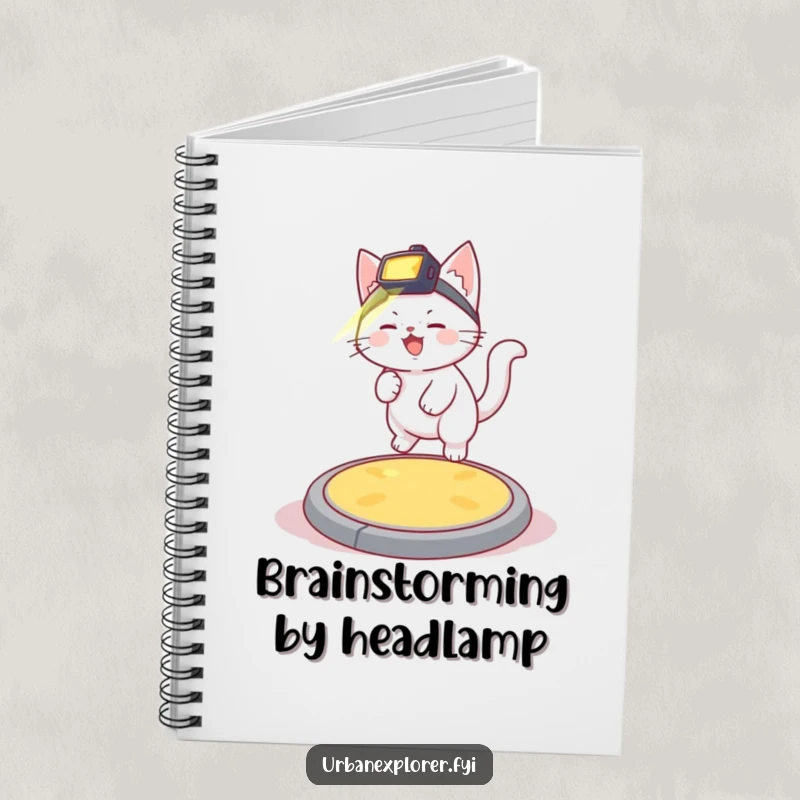 Funny giggling white kitten with a headlamp bouncing on a manhole cover, adorning a notebook for capturing bright ideas.