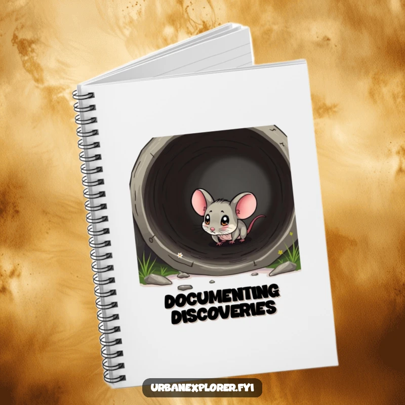 Funny mouse notebook with a tiny mouse exploring a discarded pipe, perfect for notes and journaling.