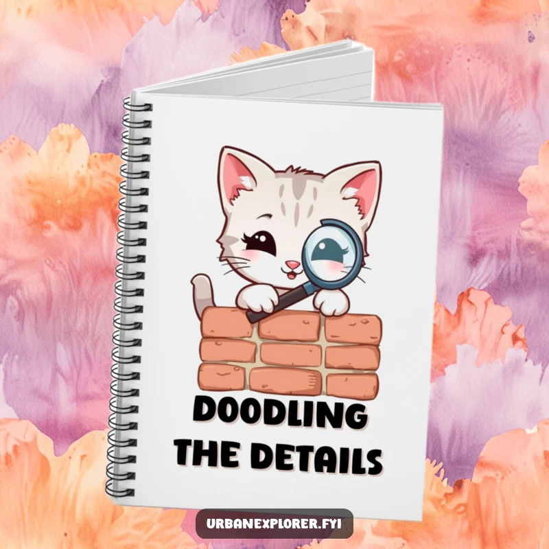 Funny Notebook featuring a curious kitten character examining a brick with a magnifying glass, perfect for jotting down notes and findings.