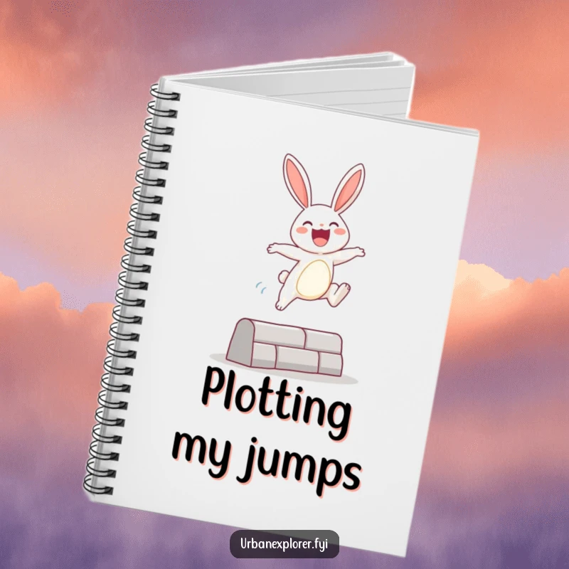 Funny Notebook featuring a joyful bunny character leaping over an urban obstacle, perfect for capturing notes and inspiring energetic ideas.