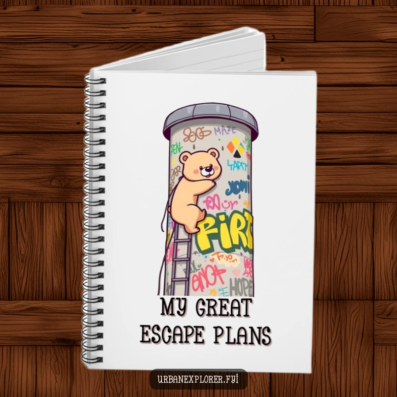 Funny Kawaii bear, mid-climb on a graffiti water tower, inspires writing and creativity in this funny notebook. Journaling fun.