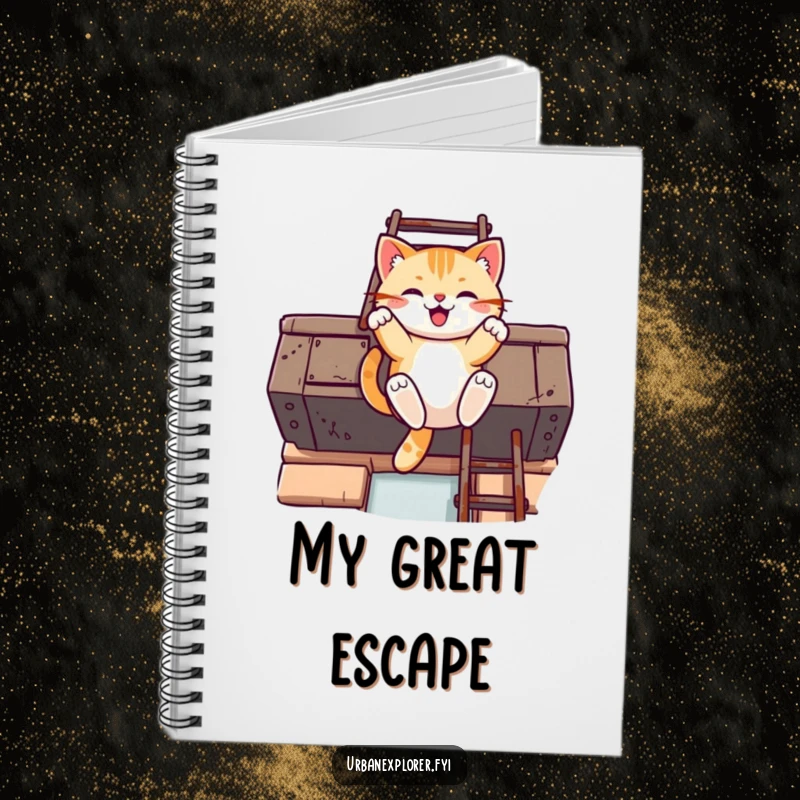 Funny Kawaii cat notebook with a cat swinging from a fire escape ladder, inspiring urban creativity.