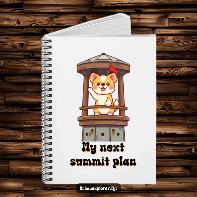 Funny Kawaii Dog Notebook: A cute dog triumphantly plants a flag on a rusty water tower, perfect for journaling achievements.